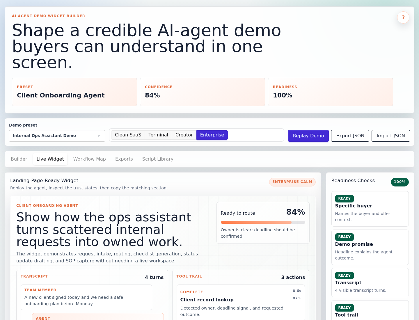 AI Agent Demo Widget Builder live widget preview with transcript, tool trail, readiness checks, and replay controls