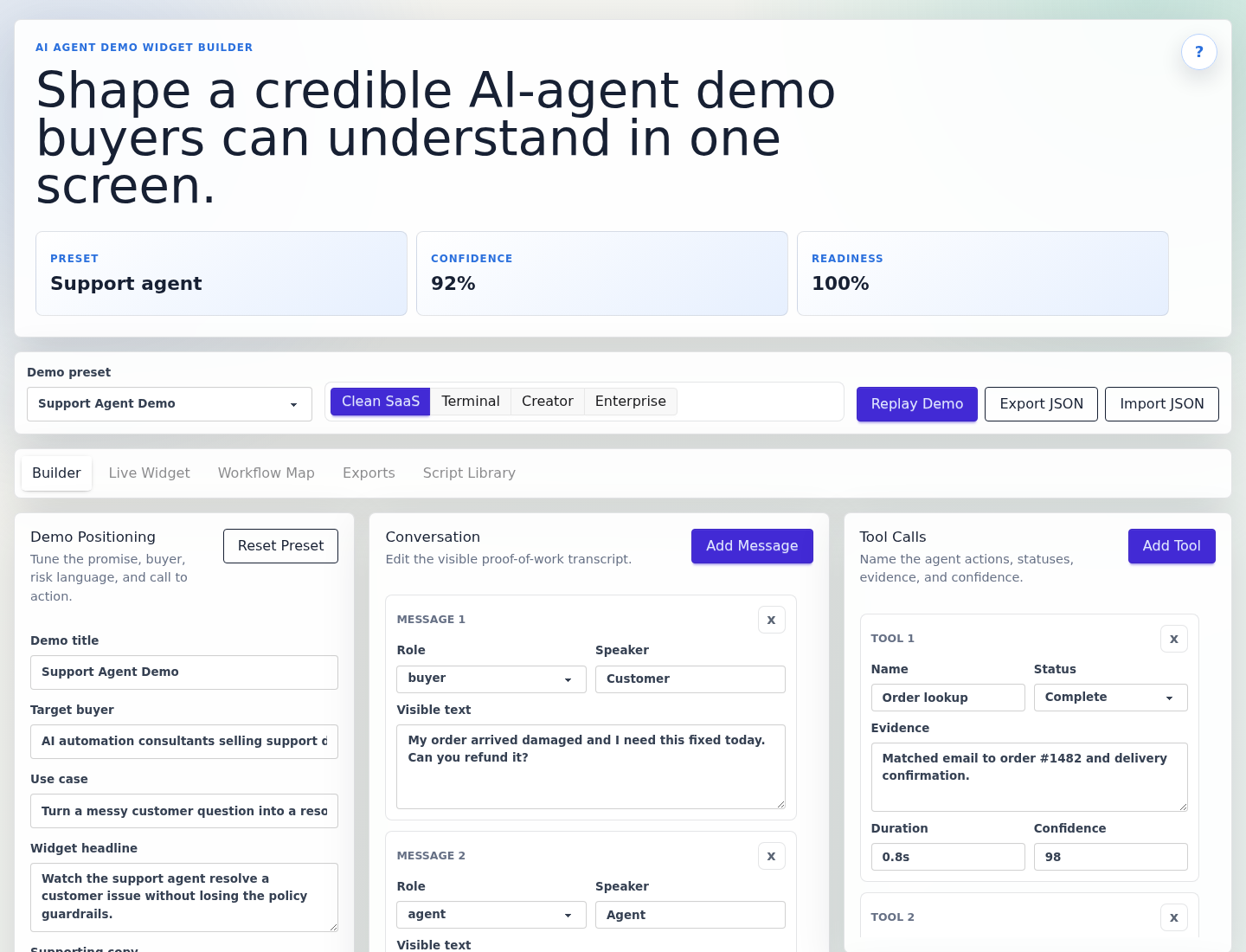 Builder workspace with demo positioning, conversation editor, and tool-call editor
